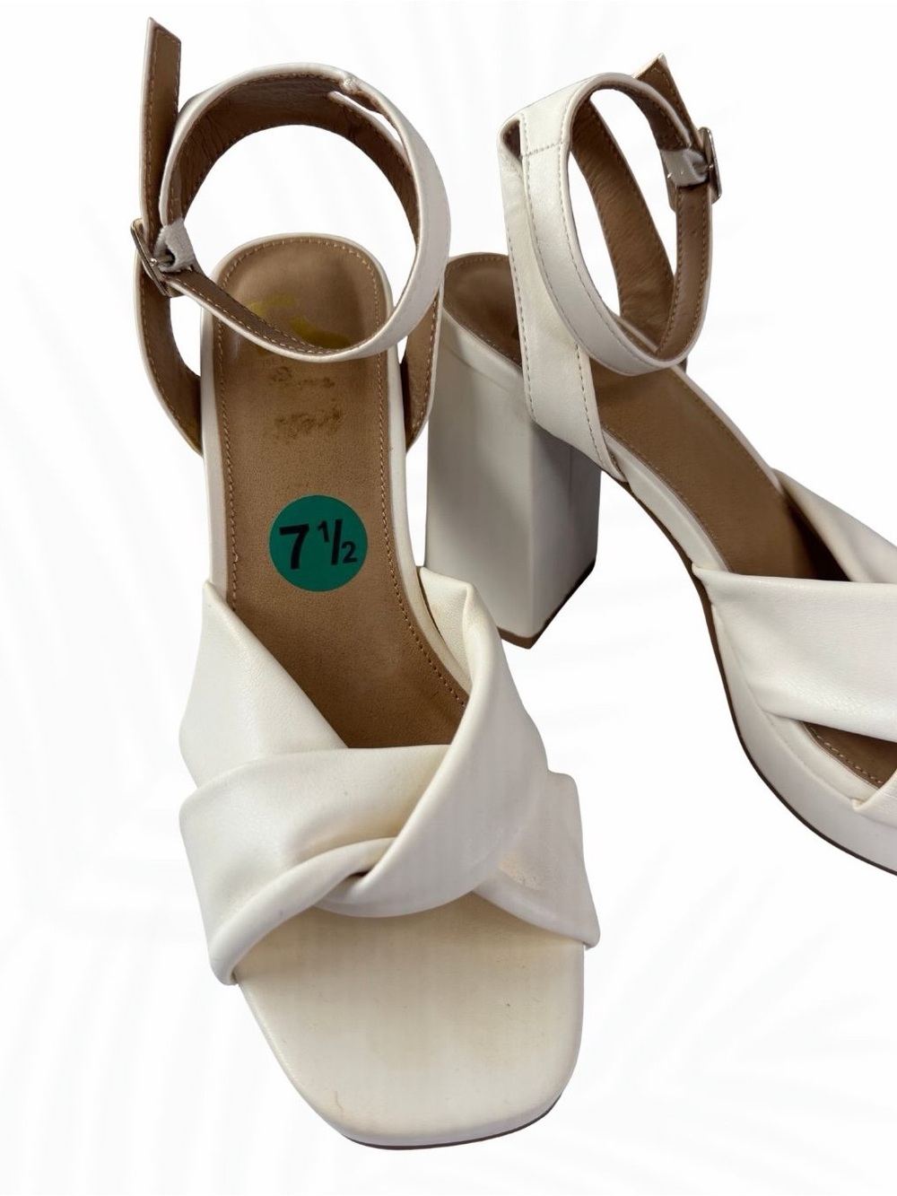 White Knot Front Platform Block Heel Sandals Size 7.5 Ankle Strap